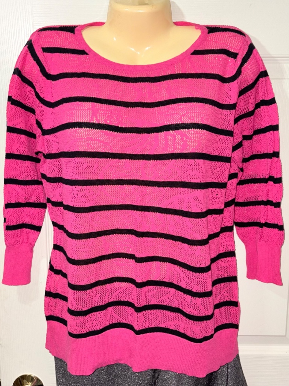 CABLE & GAUGE Pink Black Striped Long Sleeve Pullover Crew Neck Knit Top L - Picture 3 of 9